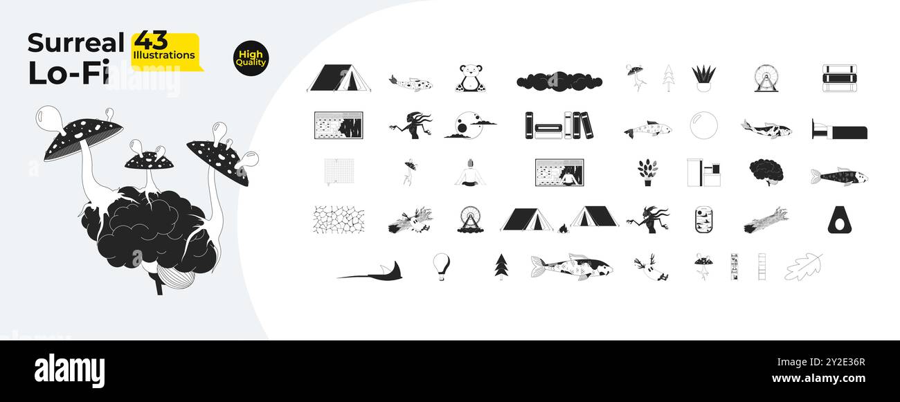 Paquet magique surréaliste d'objets de dessin animé en ligne 2D noir et blanc Illustration de Vecteur