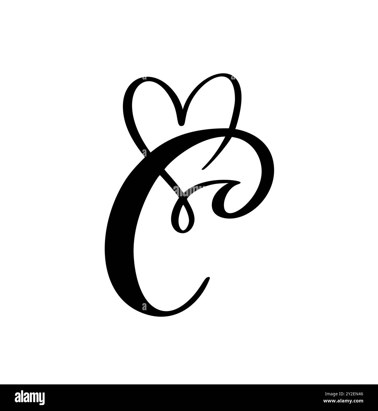 Calligraphie vectorielle dessinée à la main lettre d'amour C. monogramme coeur vintage. Logo de police majuscule script. Style pinceau manuscrit. Élément Valentine Flourish Illustration de Vecteur