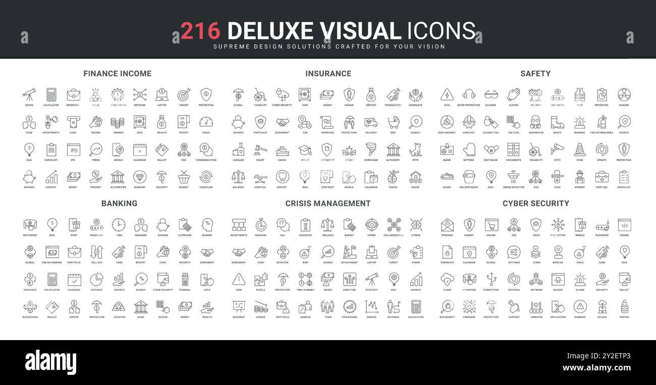 Gestion de crise de l'entreprise, de l'assurance et de la cybersécurité de la ligne d'applications bancaires jeu d'icônes. Revenu financier et richesse, sécurité du travail du travailleur dans l'industrie illustration vectorielle de symboles de contour noir mince Illustration de Vecteur