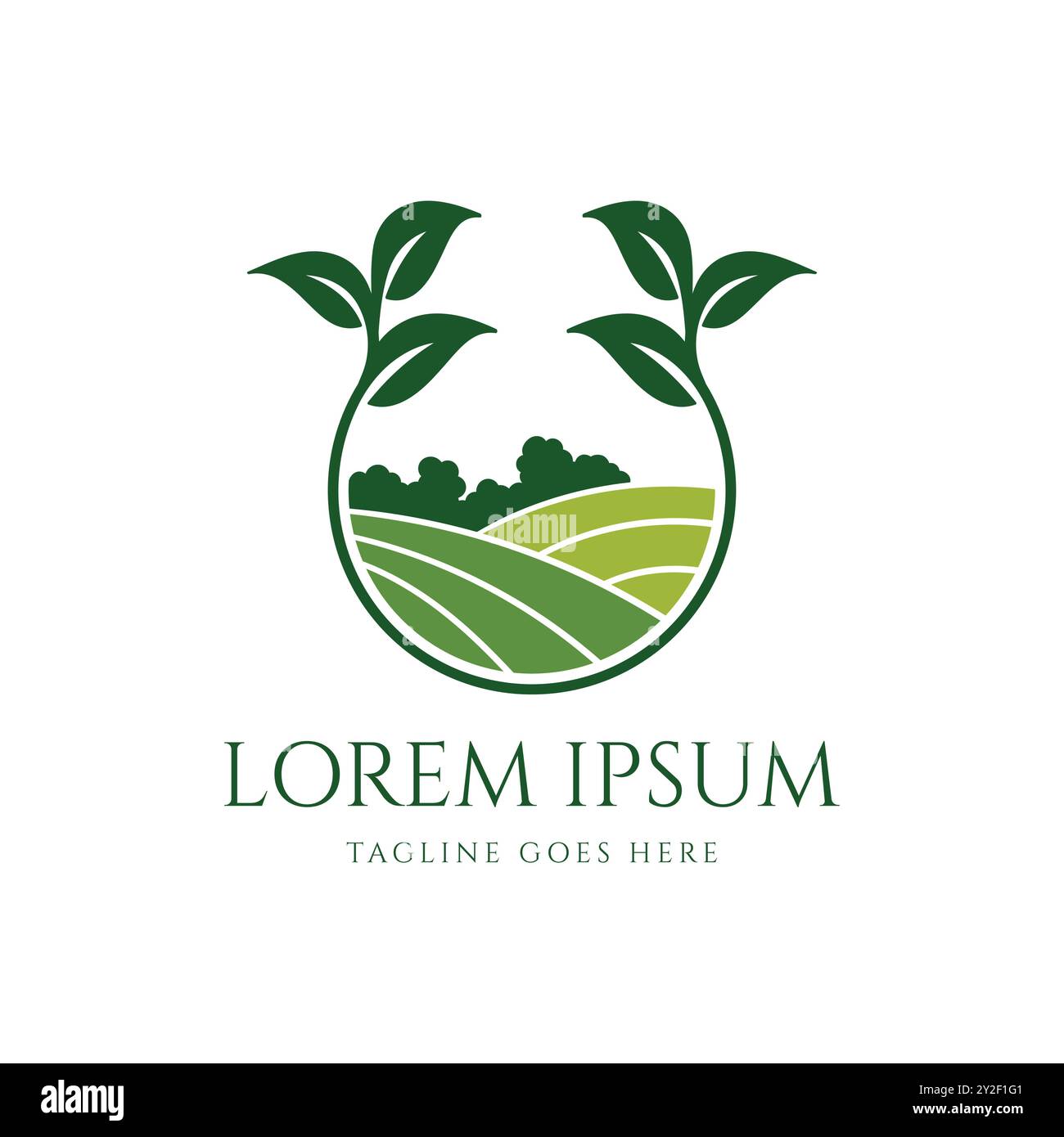 Paysage vert avec arbre à feuilles de plante en croissance pour cultiver l'agriculture Farm Garden icône symbole logo illustration vecteur de conception Illustration de Vecteur