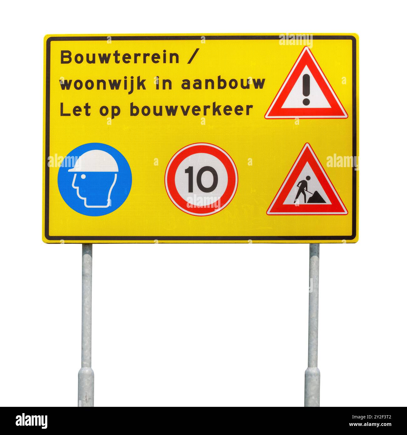 Panneau de signalisation avec le texte néerlandais pour « chantier de construction - zone résidentielle en construction - attention au trafic de construction » Banque D'Images
