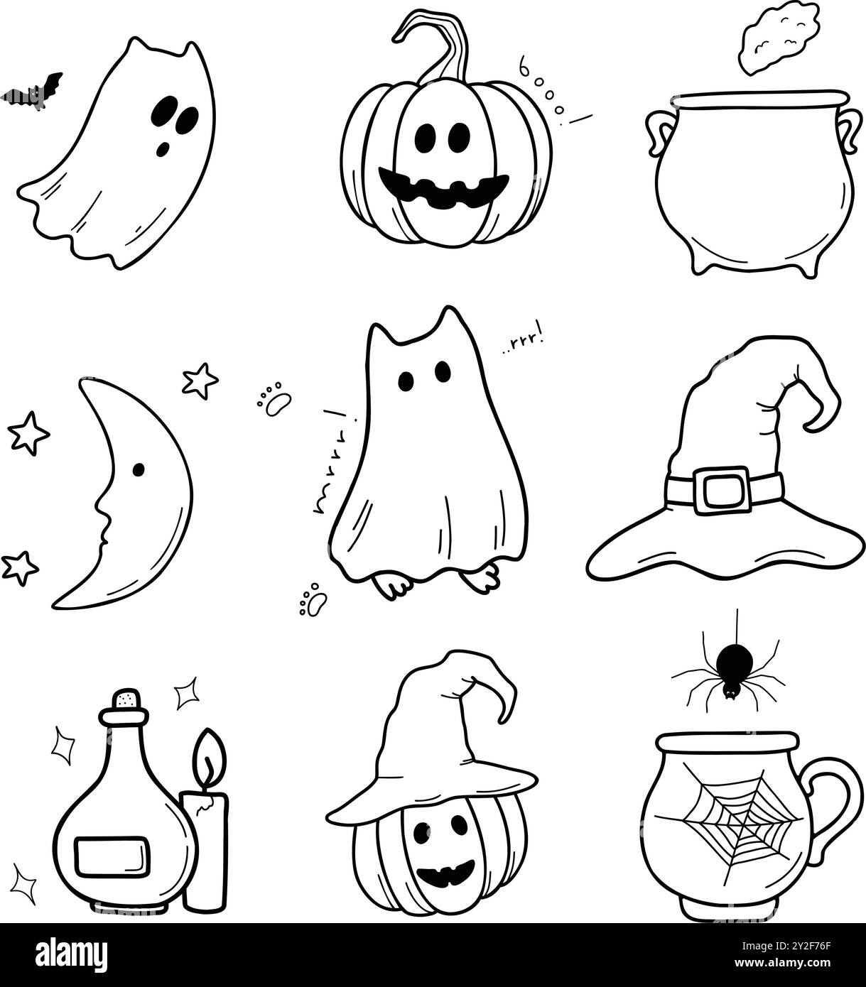 Symboles traditionnels d'Halloween : fantômes, chat fantôme, citrouille, chapeau de sorcière, potion, bougies, araignée, toile d'araignée, nuit. Vecteur dessiné isolé sur blanc, doodle Illustration de Vecteur