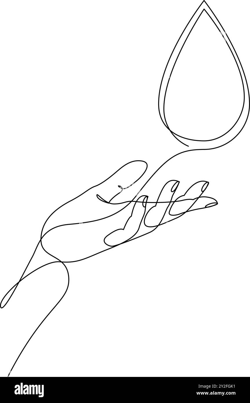 Dessin continu d'une ligne d'une main humaine tenant une goutte d'eau. Goutte de sang ou d'huile dans le bras dessinée avec une seule ligne. Illustration vectorielle avec strok modifiable Illustration de Vecteur