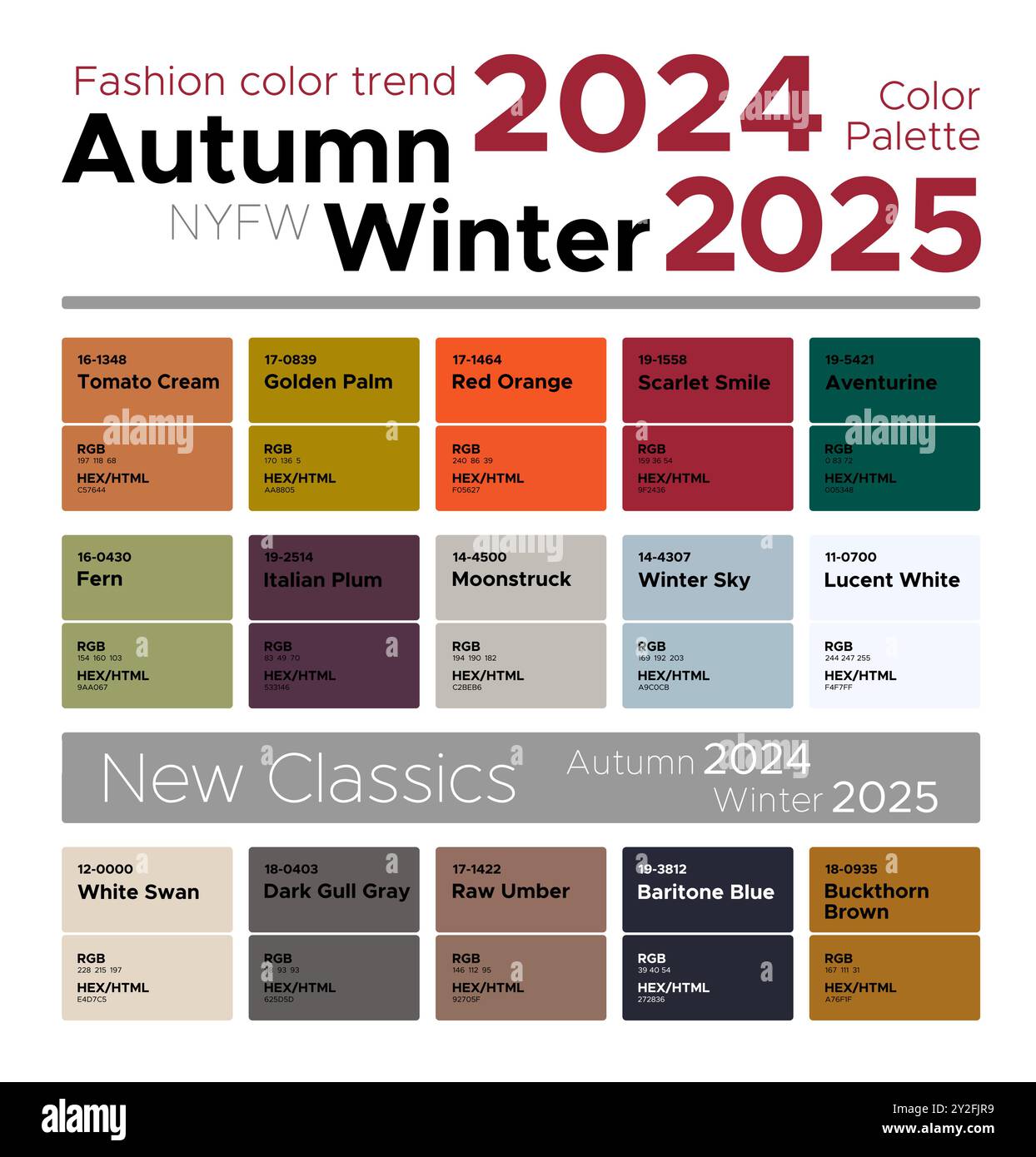Tendances de couleur de mode automne hiver 2024-2025. Palette de couleurs mode guide avec des nuances de couleurs nommées, RVB, couleurs HEXADÉCIMALES Illustration de Vecteur