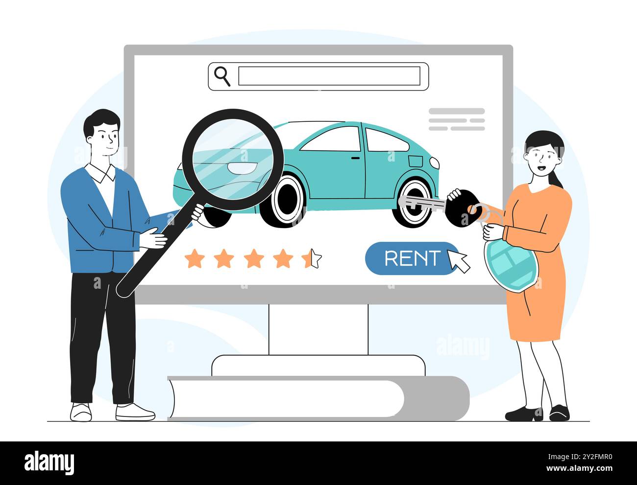 Service de location de voitures en ligne. Homme avec loupe et femme avec clés. Concessionnaire et client avec automobile et véhicule. Évaluation des voitures. Vecteur linéaire Illustration de Vecteur