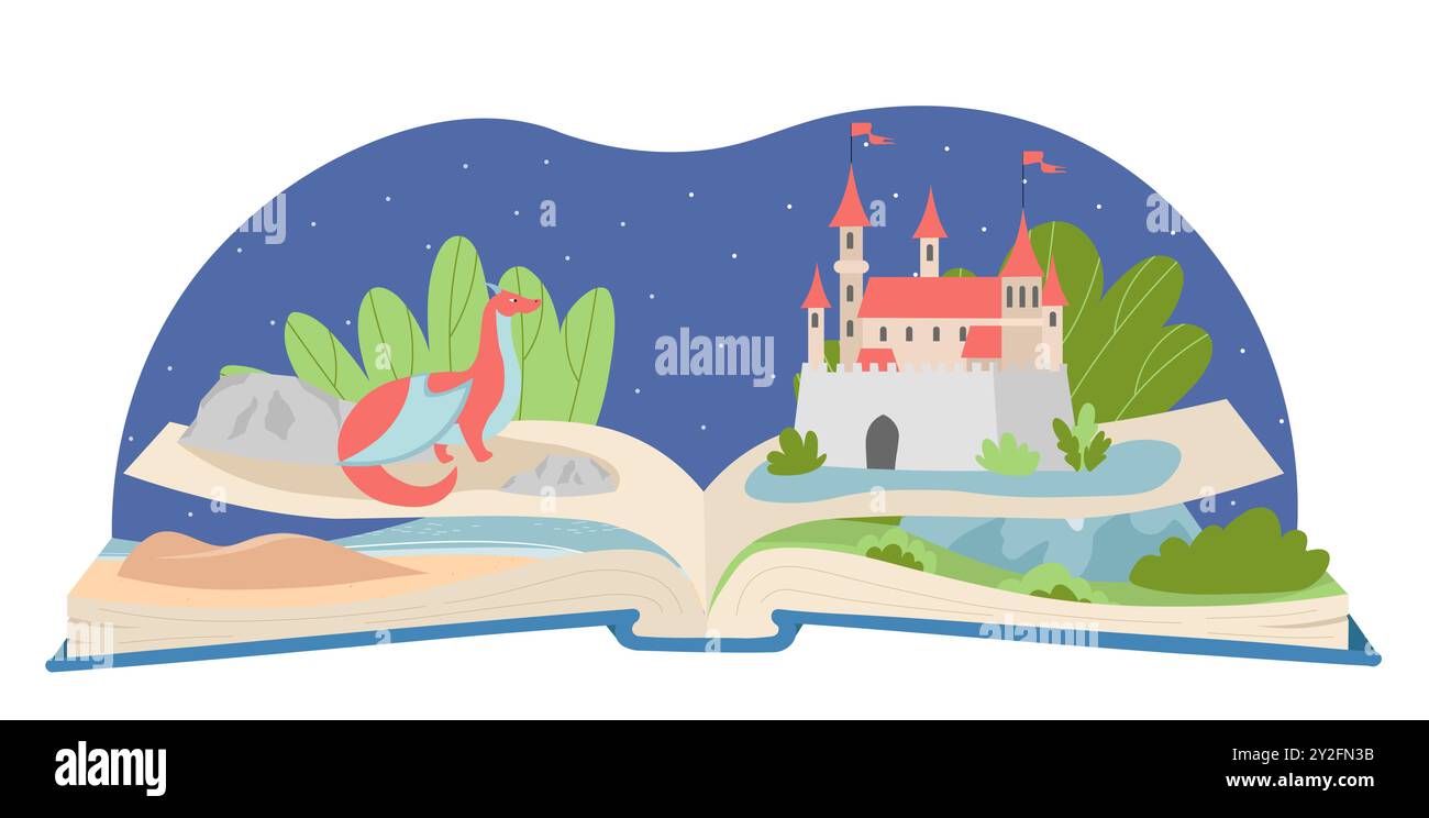 Livre de contes de fées. Fiction avec dragon et ancien château. Imagination et fantaisie. Histoire du Royaume au moyen âge. Livre pour les enfants. Vecteur plat Illustration de Vecteur