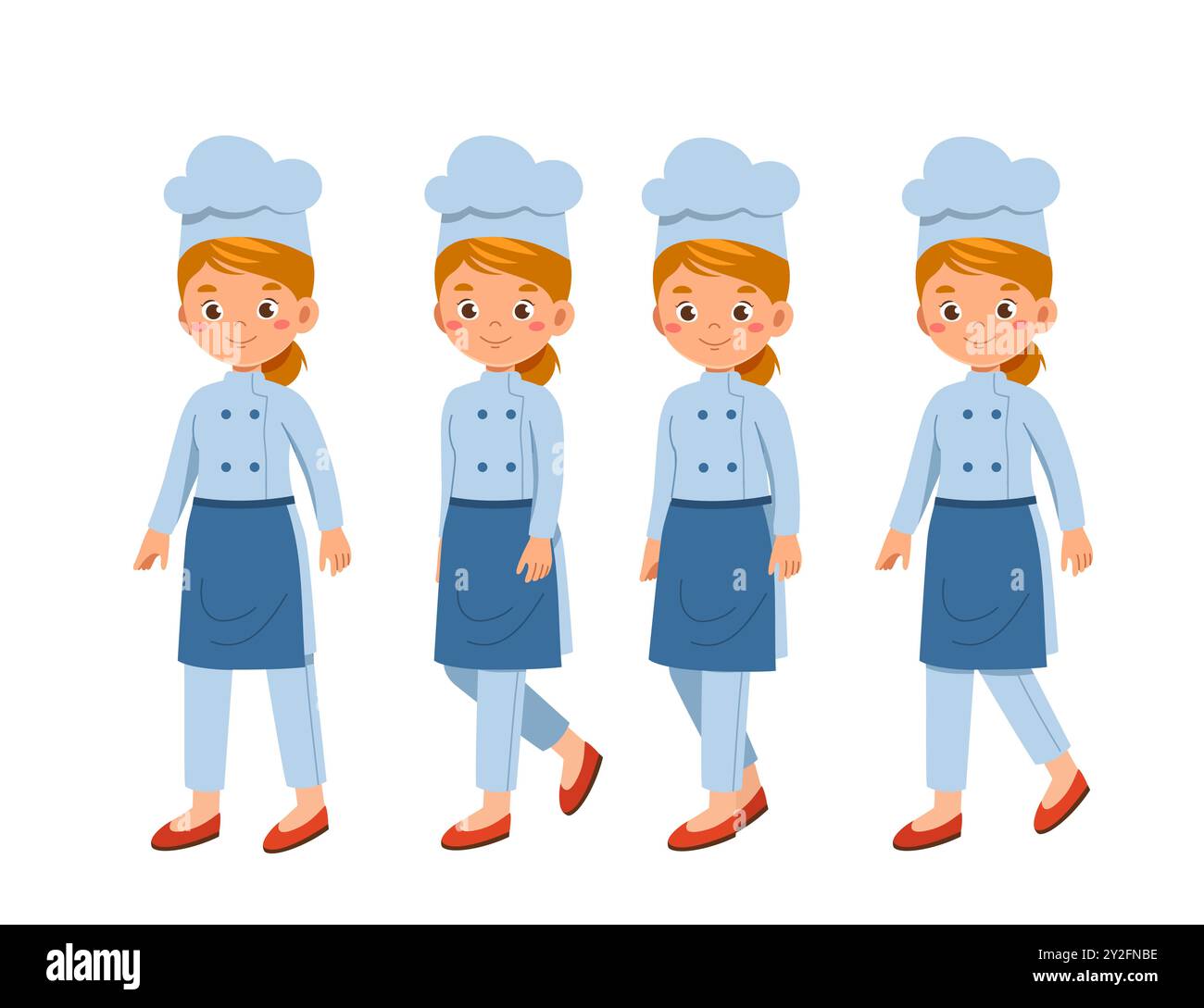 Femme chef constructeur. Fille dans le chapeau de cuisine. Kit pour créer des dessins animés. Pack de caractère dans divers angles. Profession de traiteur. Vecteur plat Illustration de Vecteur