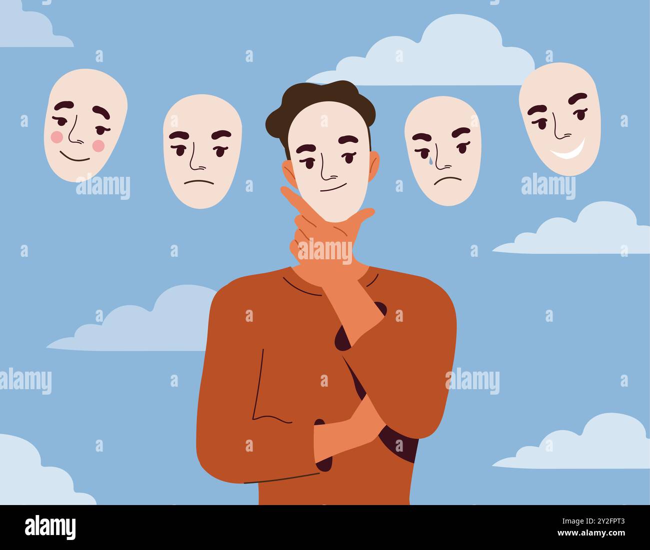 Homme aux humeurs différentes. Jeune homme avec divers masques faciaux avec des émotions. Personne atteinte de trouble bipolaire. Problèmes mentaux et psychologiques Illustration de Vecteur