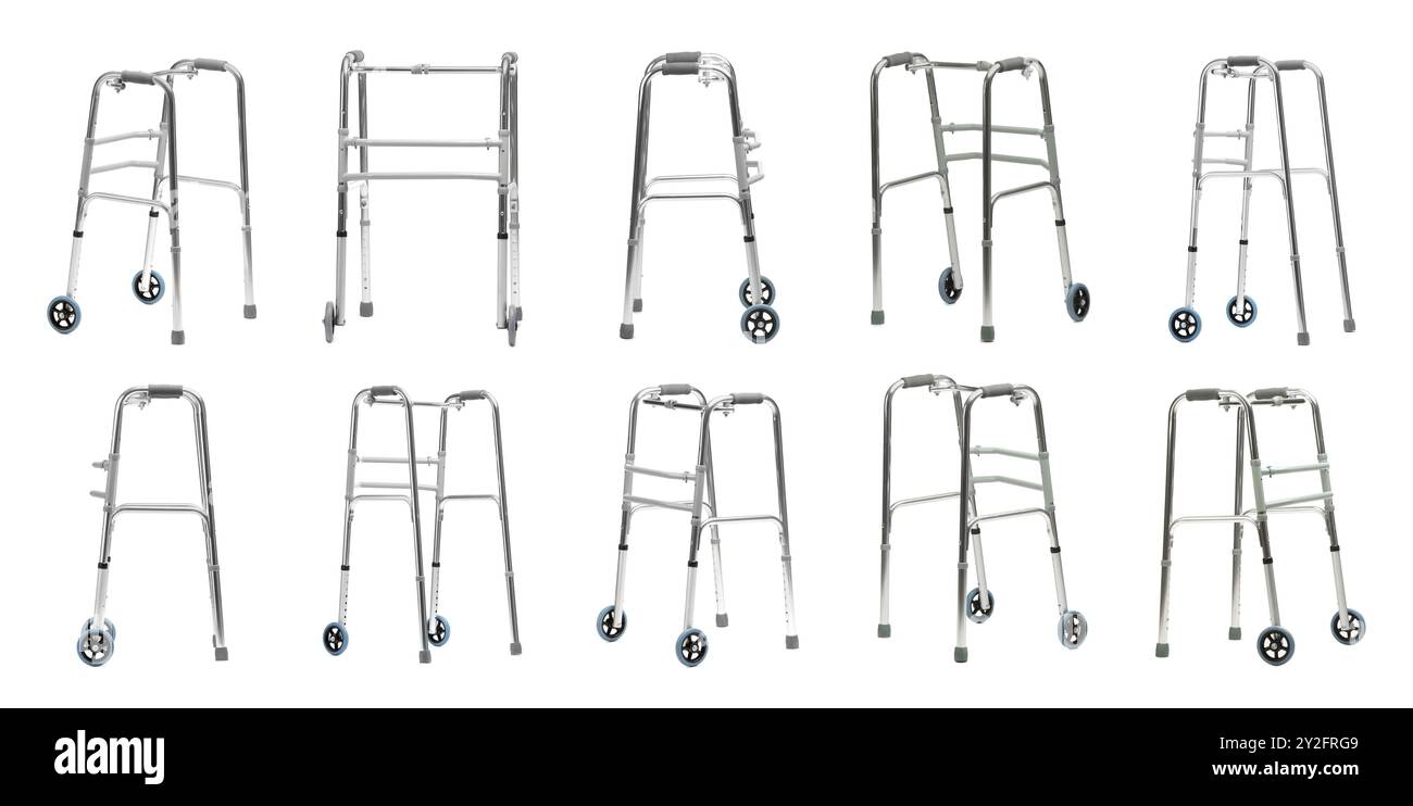 Cadre de marche isolé sur blanc, collage. Vue latérale différente Banque D'Images