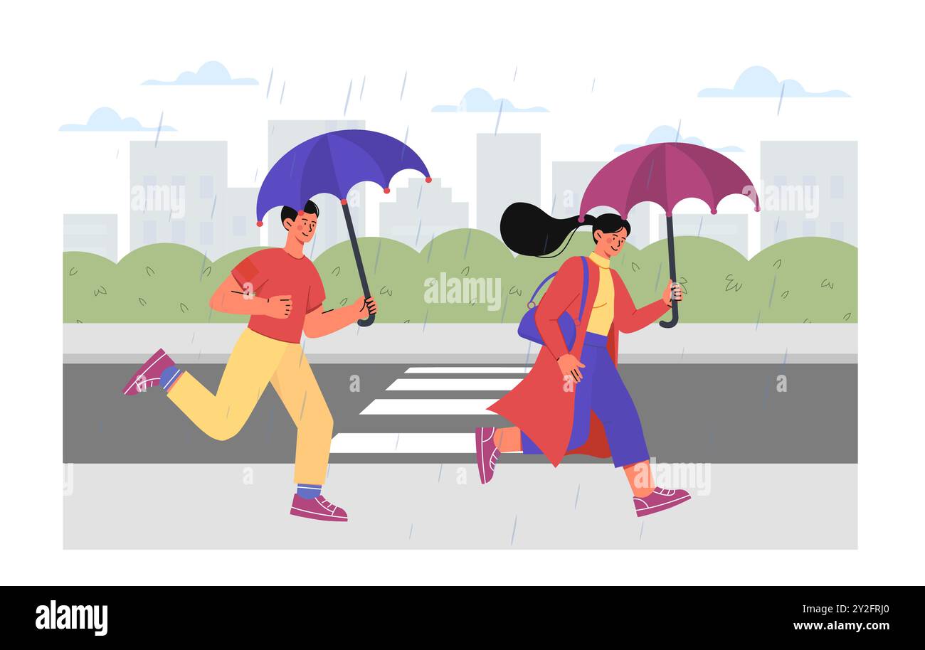 Les gens sous la pluie. Homme et femme avec des parapluies courent sous la pluie dans la rue. Automne et saison d'automne. Temps humide et pluvieux à l'extérieur. Pluviosité et goutte de pluie Illustration de Vecteur