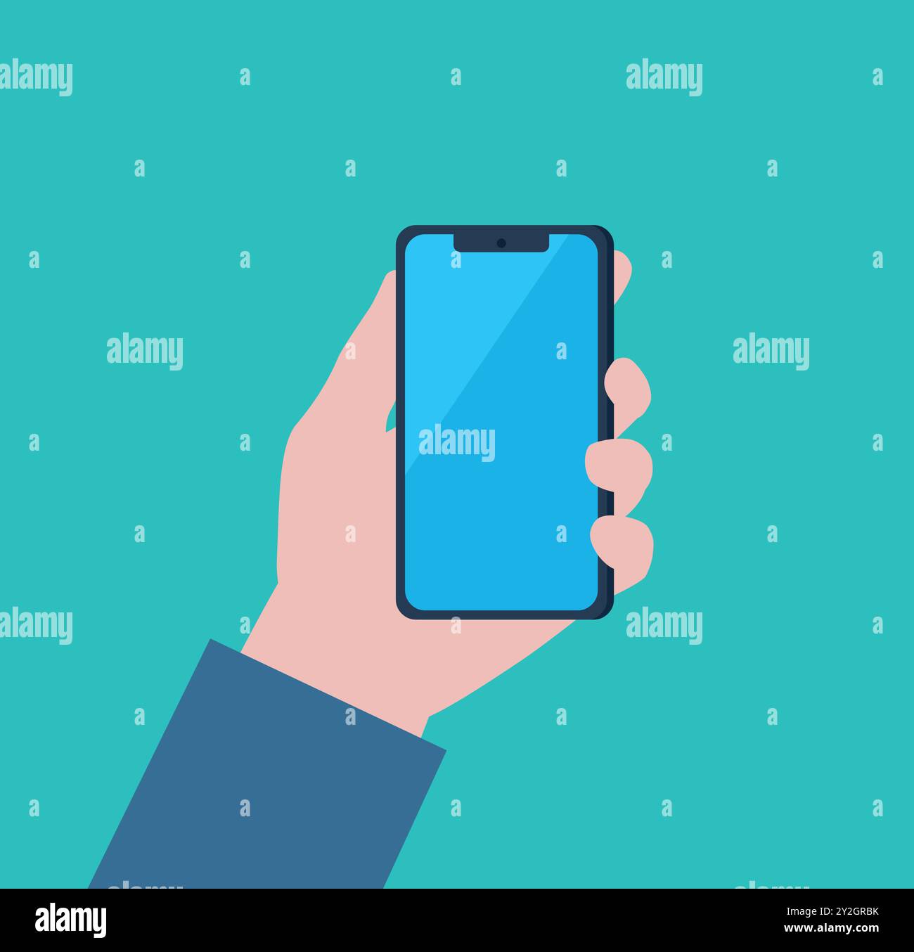 Une main tient un téléphone. L'écran du smartphone a un verre bleu avec une légère réflexion de la lumière. Un téléphone moderne. Vecteur de conception plat Illustration de Vecteur