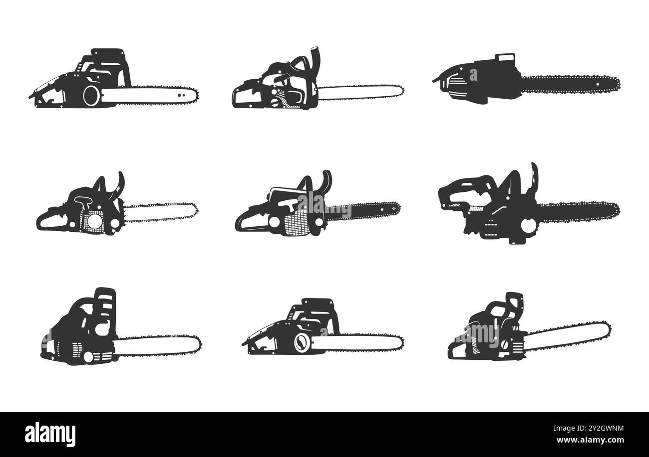 Tronçonneuse svg, silhouette de tronçonneuse, icône de tronçonneuse, ensemble de vecteurs de tronçonneuse, illustration de tronçonneuse, clipart de tronçonneuse. Illustration de Vecteur