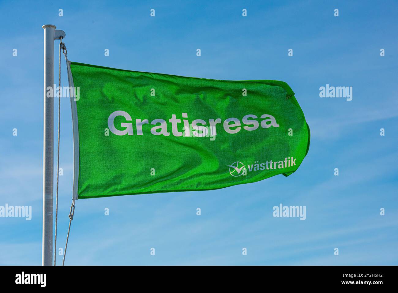 Gothenburg, Suède - 24 juin 2019 : drapeau indiquant Gratisresa pour signaler qu'il est libre de voyager avec ce ferry en V?sttrafik. Banque D'Images