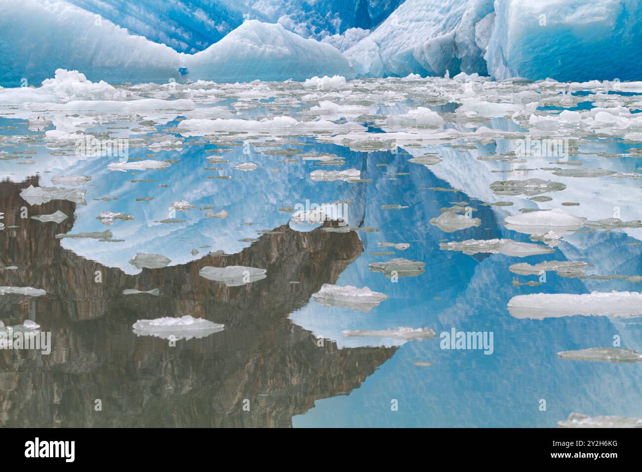 Détail de l'iceberg glaciaire reflété dans l'eau calme de la glace vêlée au large du glacier South Sawyer à Tracy Arm, États-Unis. Banque D'Images