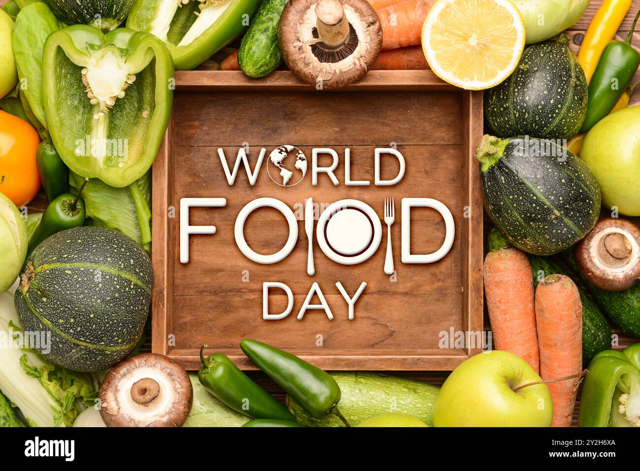 Affiche pour la Journée mondiale de l'alimentation avec de nombreux produits Banque D'Images
