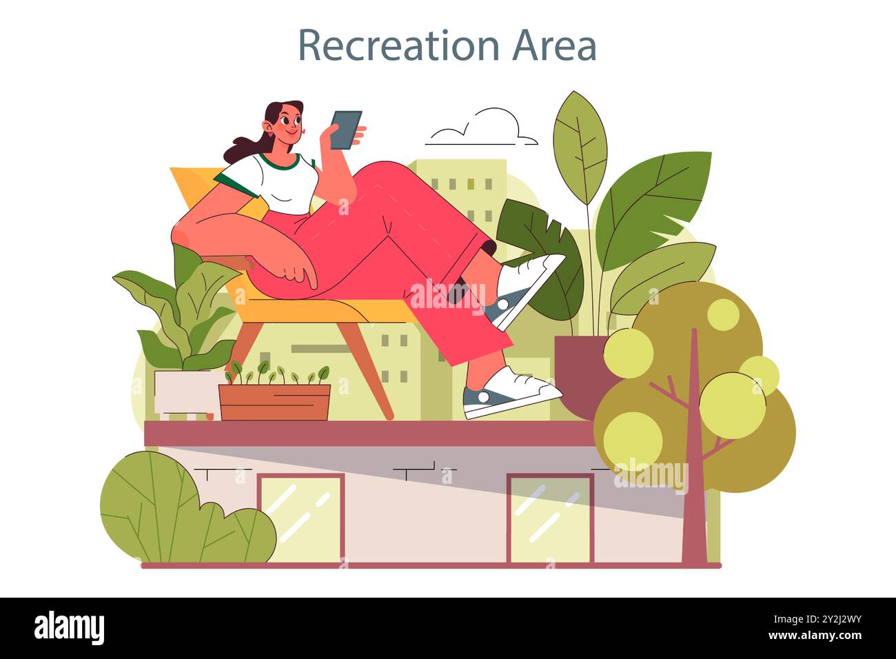 Agriculture urbaine ou jardinage. Pratique de l'horticulture urbaine. Caractère relaxant sur le toit ou le balcon entouré de plantes d'intérieur. Espaces de loisirs verts. Illustration vectorielle plate Illustration de Vecteur