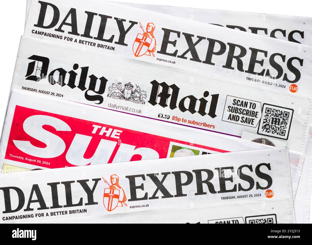 Gros titres de journaux tabloïds quotidiens du Royaume-Uni sur kiosque à journaux. Publications imprimées britanniques, notamment The Sun, Daily mail et Daily Express Banque D'Images