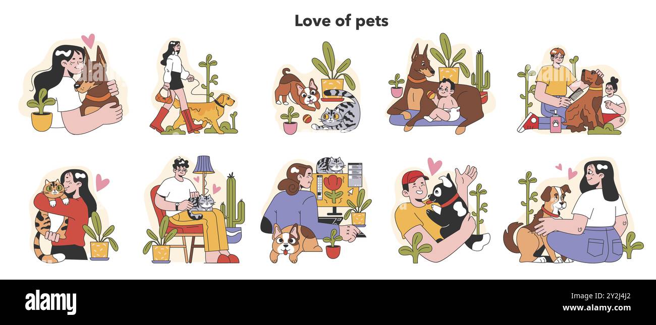 Heureux propriétaires d'animaux de compagnie ensemble. Femme et homme passant du temps avec leur chat et leur chien. Les animaux domestiques heureux et les personnages passent du temps ensemble. Amitié entre animal et humain. Illustration vectorielle plate Illustration de Vecteur