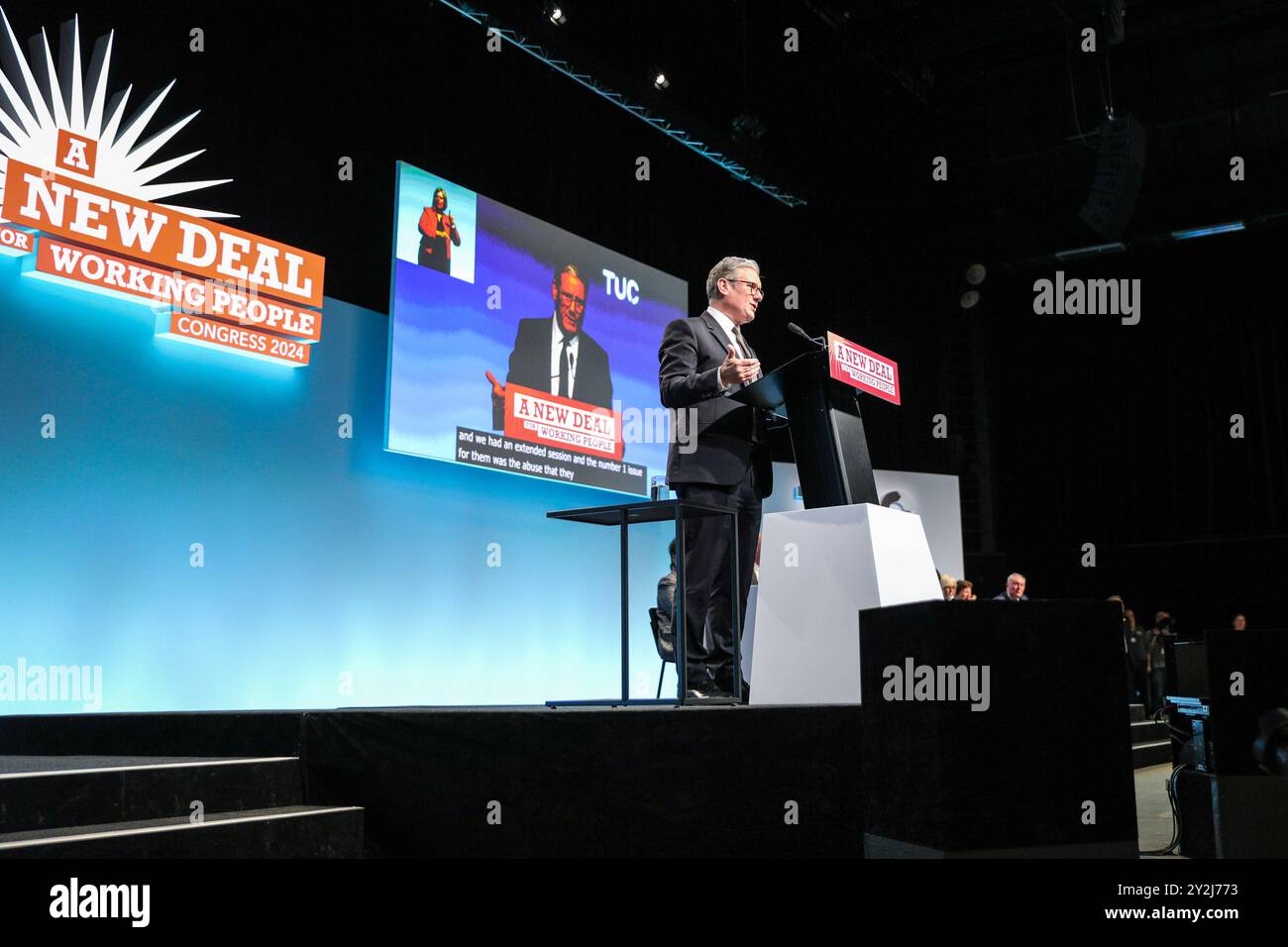 Brighton, Royaume-Uni. 10 septembre 2024. Sir Keir Starmer, premier ministre du Royaume-Uni, prend la parole lors de la conférence annuelle du Trades Union Congress (TUC) au Brighton Centre à Brighton. Crédit : Imageplotter/Alamy Live News Banque D'Images