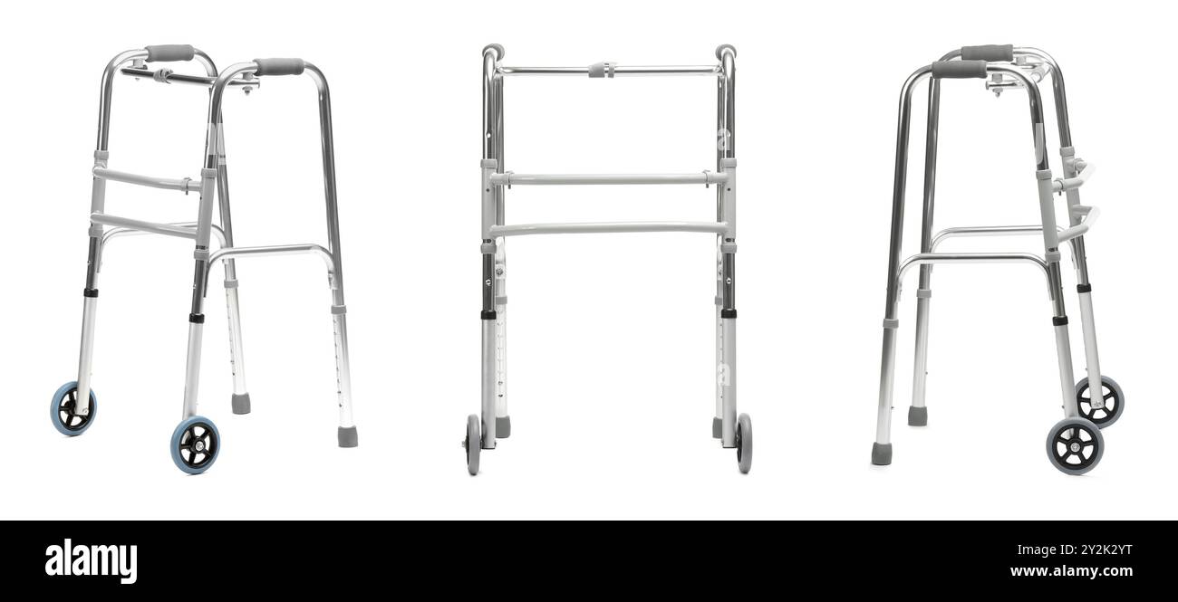 Cadre de marche isolé sur blanc, collage. Vue latérale différente Banque D'Images