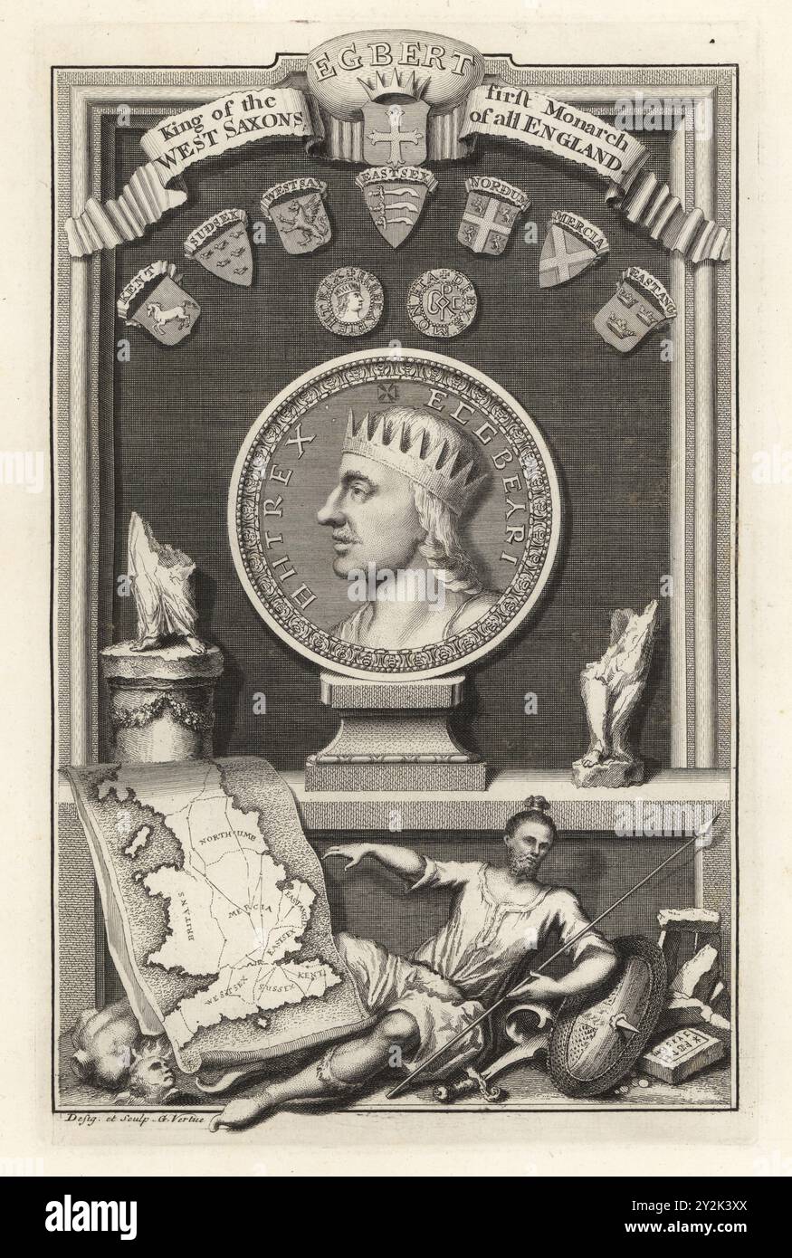 Roi Egbert, roi saxon d'Angleterre, c.769-839. Avec portrait rond en couronne sous les phoques et les armoiries, carte du Kent au Northumberland, guerrier saxon avec épée, bouclier et lance. Egbert, roi des Saxons de l'Ouest, premier monarque de toute l'Angleterre. Gravure sur cuivre dessinée et gravée par George Vertue à partir de son propre ouvrage The Heads of the Kings of England, propre à l’histoire de M. Rapin, traduit par N. Tindal, imprimé pour James, John et Paul Knapton, Londres, 1736. Banque D'Images