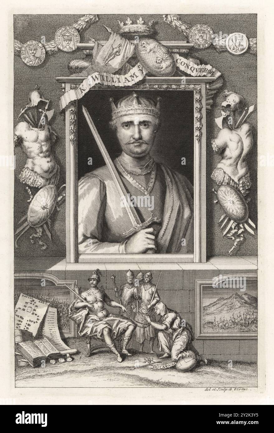 Guillaume Ier, roi normand d'Angleterre, c.1027-1087. Portrait de roi avec couronne et épée, sous sceaux, couronne, bouclier et normes héraldiques. Vignette de figure allégorique de Britannia agenouillé dans les chaînes devant ses pieds, carte de Battle Abbey. Le roi Guillaume le Conquérant. Gravure sur cuivre dessinée et gravée par George Vertue à partir de son propre ouvrage The Heads of the Kings of England, propre à l’histoire de M. Rapin, traduit par N. Tindal, imprimé pour James, John et Paul Knapton, Londres, 1736. Banque D'Images