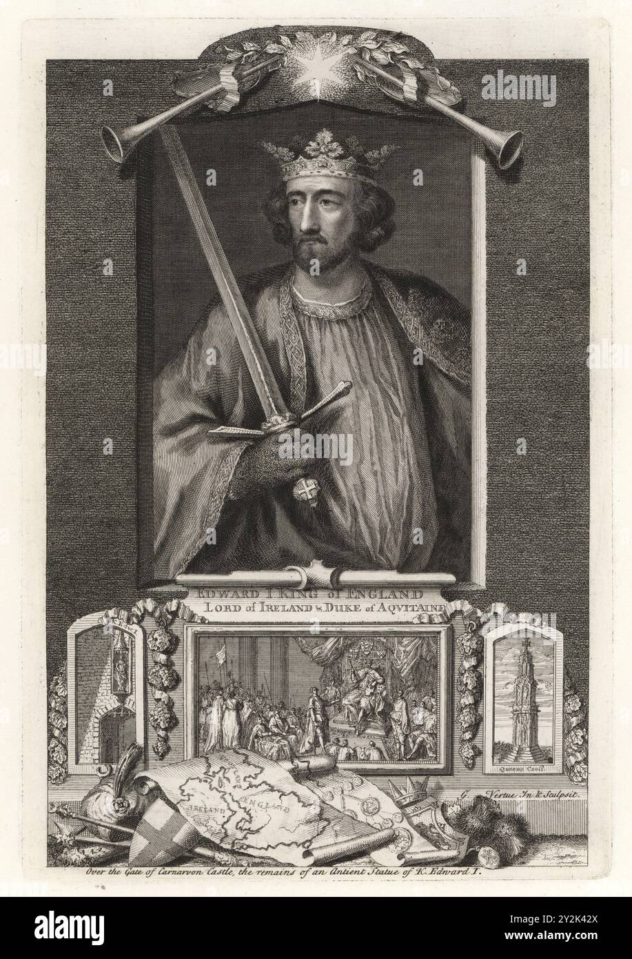 Édouard Ier, Edward Longshanks, marteau des Écossais, 1239-1307. Roi d'Angleterre, seigneur d'Irlande et duc d'Aquitaine. Portrait de roi avec couronne et épée, sous deux cornes. Vignette de son couronnement, sa statue au château de Carnavon, Queens Cross, carte de l'Angleterre et de l'Irlande, chardons, barre, bouclier, hache de bataille, mace, etc Gravure sur cuivre dessinée et gravée par George Vertue à partir de ses têtes des rois d’Angleterre, propre à l’histoire de M. Rapin, traduite par N. Tindal, imprimée pour James, John et Paul Knapton, Londres, 1736. Banque D'Images