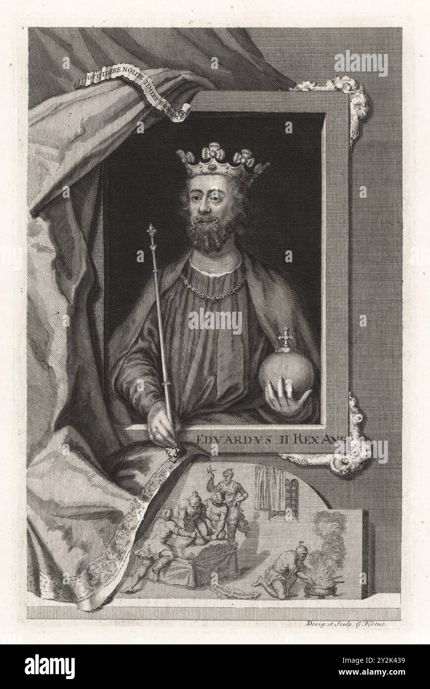 Édouard II, Édouard de Caernarvon, roi d'Angleterre, 1284-1327. Portrait du roi en couronne et manteau, tenant orbe et sceptre, rideau suspendu au-dessus du cadre. Vignette montrant son meurtre avec un poker rouge chaud dans son anus alors qu'il était emprisonné au château de Berkeley. Edvardus II Rex Ang. Gravure sur cuivre dessinée et gravée par George Vertue à partir de ses têtes des rois d’Angleterre, propre à l’histoire de M. Rapin, traduite par N. Tindal, imprimée pour James, John et Paul Knapton, Londres, 1736. Banque D'Images