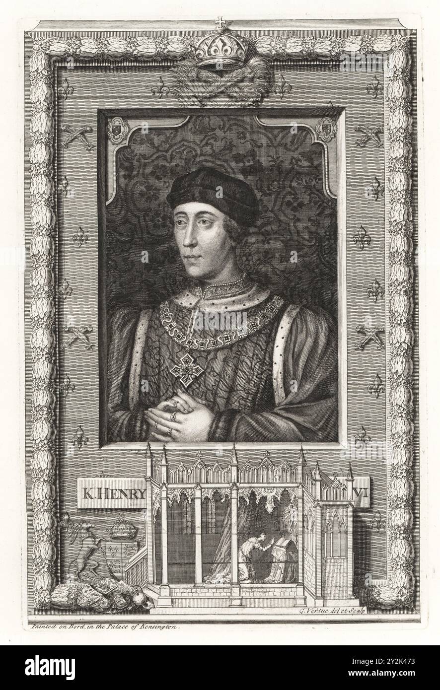 Henri VI, roi d'Angleterre, 1421-1471. K. Henry VI Portrait du roi en brocart doublet avec collier en or. D'après un tableau du palais de Kensington. Vignette de son sanctuaire à King's College Chapel, Cambridge. Gravure sur cuivre dessinée et gravée par George Vertue à partir de ses têtes des rois d’Angleterre, propre à l’histoire de M. Rapin, traduite par N. Tindal, imprimée pour James, John et Paul Knapton, Londres, 1736. Banque D'Images