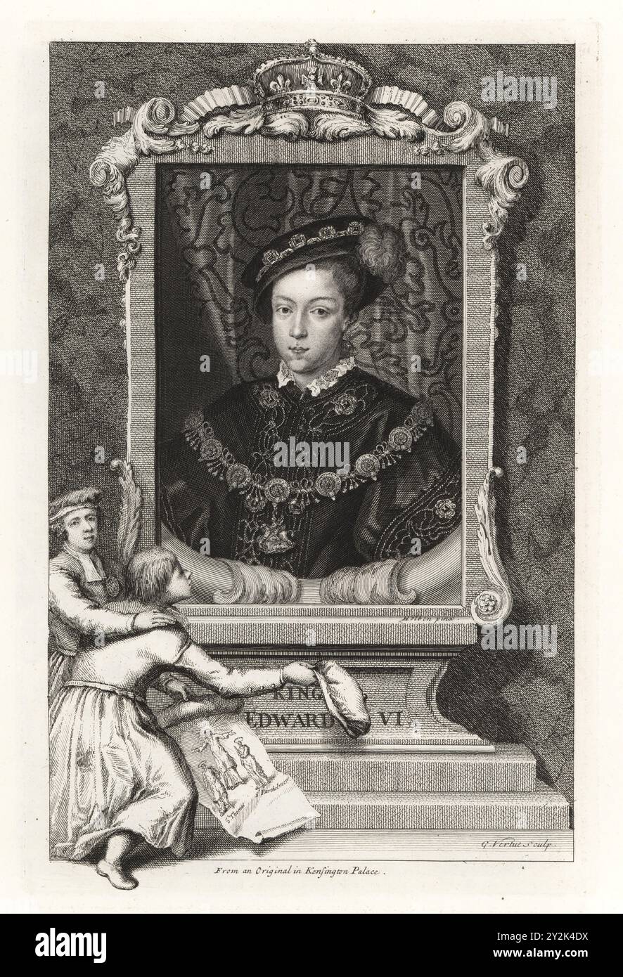Édouard VI, roi d'Angleterre, 1537-1553. Portrait du garçon roi en bonnet de velours, doublet et col en or. Vignette de deux personnes en deuil tenant une photo du Christ avec les apôtres Thomas et Bartholomée. D'après une peinture originale au palais de Kensington. Gravure sur cuivre dessinée et gravée par George Vertue à partir de ses têtes des rois d’Angleterre, propre à l’histoire de M. Rapin, traduite par N. Tindal, imprimée pour James, John et Paul Knapton, Londres, 1736. Banque D'Images