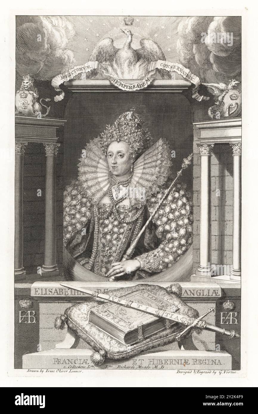 Elizabeth I, reine d'Angleterre, 1533-1603. Elisabetha de Angliae, Franciae et Hiberniae Reginae. Portrait de la reine en couronne, collier en dentelle, robe befflled, tenant un sceptre. D'après l'illustration d'Isaac Oliver dans la collection de Richard Meade. Dans le cadre sous un phénix en flammes, épée de justice sur une Bible sur un coussin à glands. Gravure sur cuivre dessinée et gravée par George Vertue à partir de ses têtes des rois d’Angleterre, propre à l’histoire de M. Rapin, traduite par N. Tindal, imprimée pour James, John et Paul Knapton, Londres, 1736. Banque D'Images