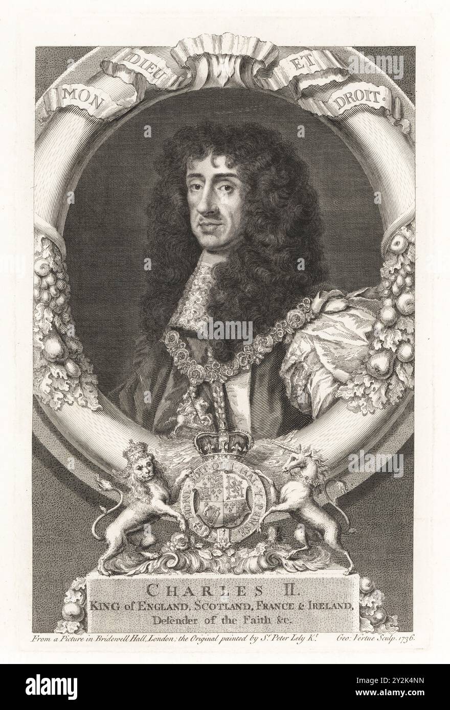 Charles II, roi d'Angleterre, d'Écosse, de France et d'Irlande, 1630-1685. En dentelle cravate, robes, collier de l'ordre de la Jarretière avec figure de St George et le dragon. D'après la peinture de Sir Peter Lely à Bridewell Hall, Londres. Gravure sur cuivre dessinée et gravée par George Vertue à partir de ses têtes des rois d’Angleterre, propre à l’histoire de M. Rapin, traduite par N. Tindal, imprimée pour James, John et Paul Knapton, Londres, 1736. Banque D'Images