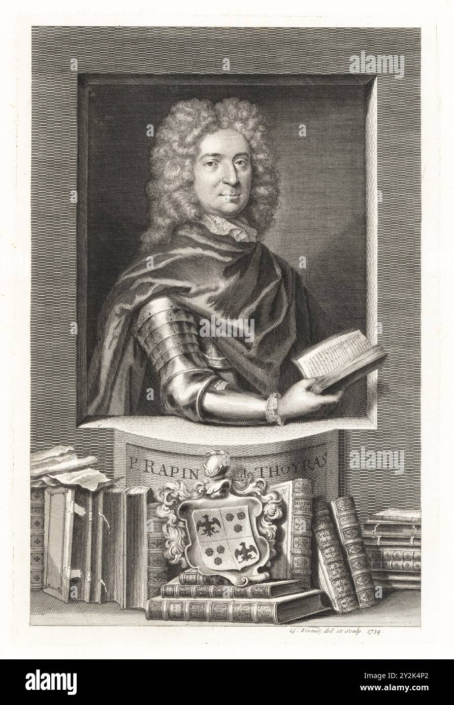 Paul de Rapin, sieur de Thoyras, historien huguenot, 1661-1725. Auteur de History of England. P. Rapin de Thoyras. En poudre perruque, collier en dentelle, manteau, armure, tenant un livre. Avec armoiries et volumes liés en cuir. Gravure sur cuivre dessinée et gravée par George Vertue à partir de ses têtes des rois d’Angleterre, propre à l’histoire de M. Rapin, traduite par N. Tindal, imprimée pour James, John et Paul Knapton, Londres, 1736. Banque D'Images