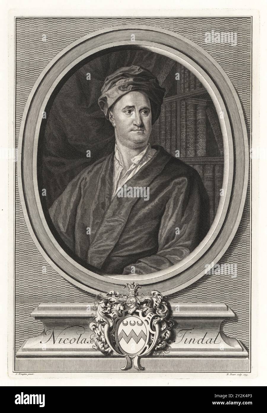 Nicolas Tindal, historien et traducteur, 1687-1774. Traduit et poursuit l'histoire de l'Angleterre de Paul de Rapin. En turban et robe devant une bibliothèque pleine de volumes reliés en cuir. D'après un portrait de George Knapton. Gravure sur cuivre dessinée et gravée par George Vertue à partir de ses têtes des rois d’Angleterre, propre à l’histoire de M. Rapin, traduite par N. Tindal, imprimée pour James, John et Paul Knapton, Londres, 1736. Banque D'Images