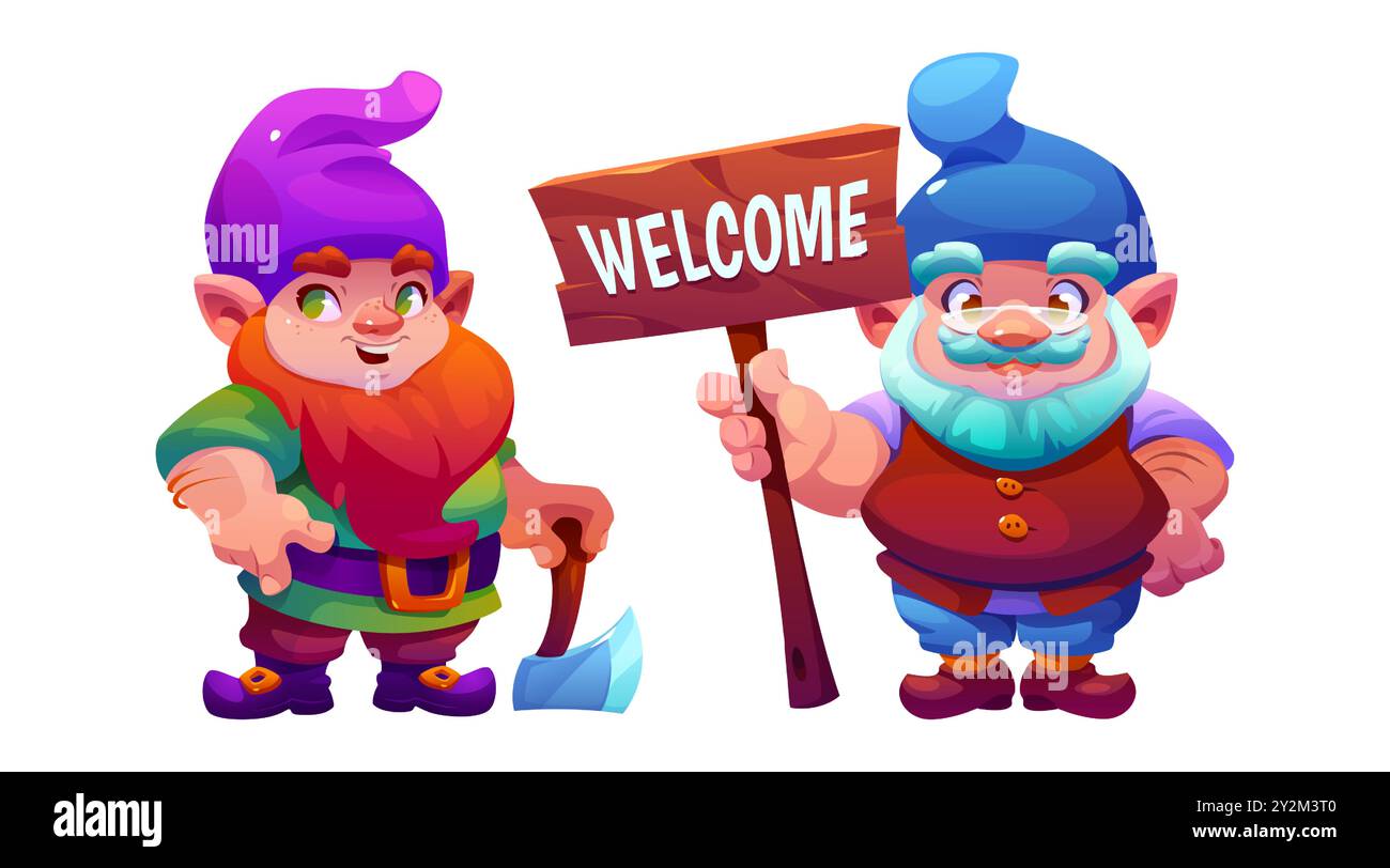 Joli petit vecteur de dessin animé de personnage de gnome de jardin. Nain d'automne de conte de fées dans un ensemble de casquettes. Mascotte leprechaun de conte de fées heureuse et drôle en costume avec panneau de bienvenue en bois conception d'élément isolé Illustration de Vecteur
