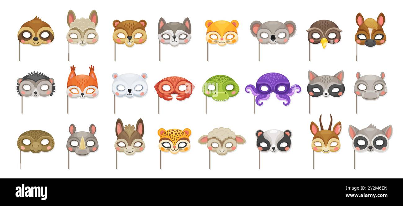 Masques de fête de carnaval animal. Costume de festival ou d'anniversaire avec des visages mignons vectoriels de chat, d'ours, de hibou, de loup ou de chien. Masques d'Halloween pour enfants de dessins animés sur des bâtons, des singes, des crocodiles, des léopards et des têtes de raton laveur Illustration de Vecteur