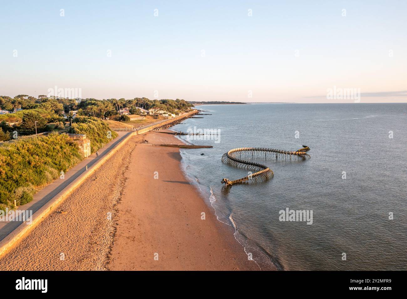 Le Serpent Océan est une œuvre de l'artiste Huang Yong Ping. Représentant un long squelette de serpent de mer-France, Loire Atlantique, St Brévin le Banque D'Images