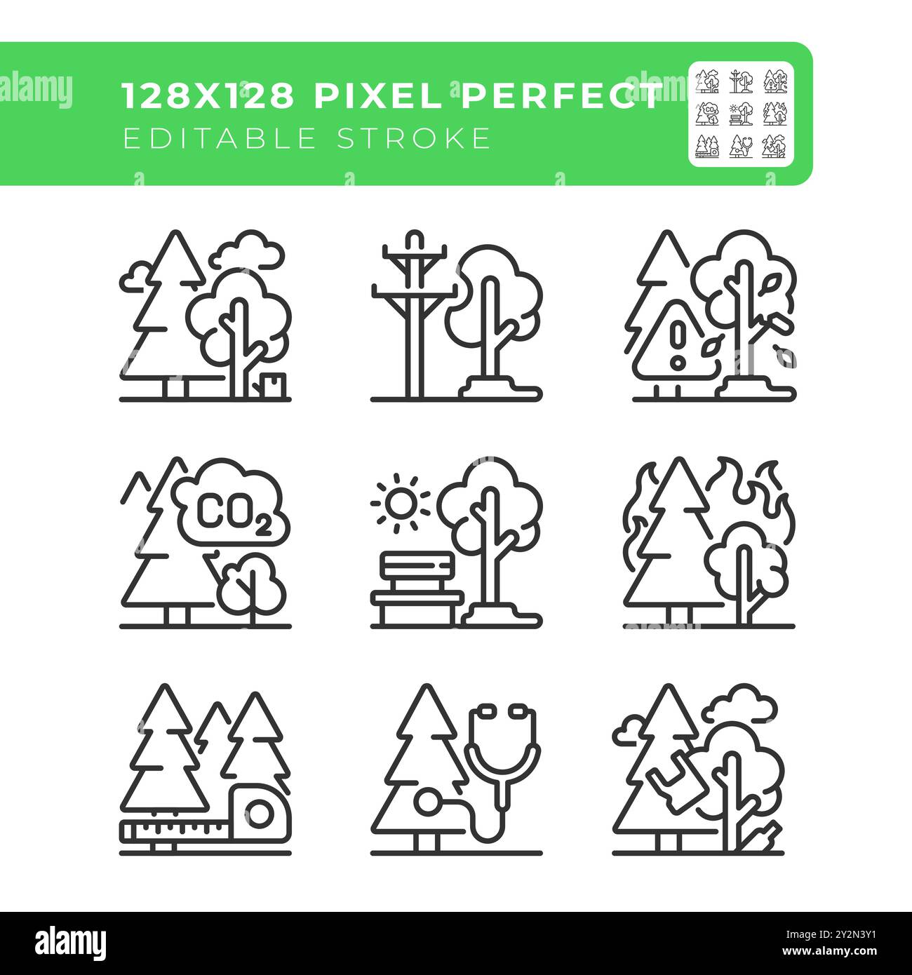 Jeu d'icônes linéaires liées à la forêt Illustration de Vecteur