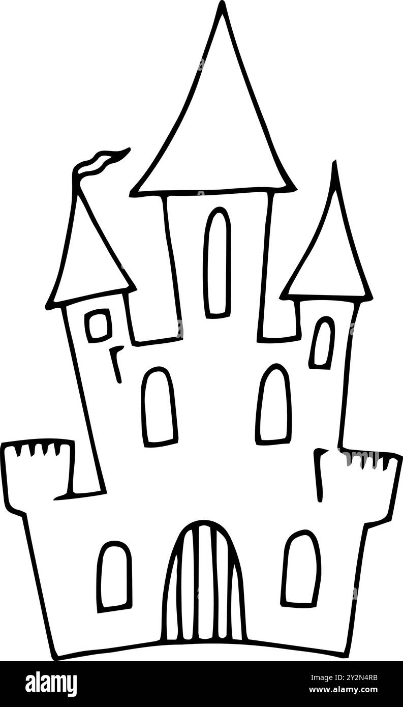 Silhouette de maison hantée. Dessiner le contour noir pour Halloween. Clipart graphique isolé dessiné à la main. Illustration de ligne avec manoir pour invitati effrayant Illustration de Vecteur