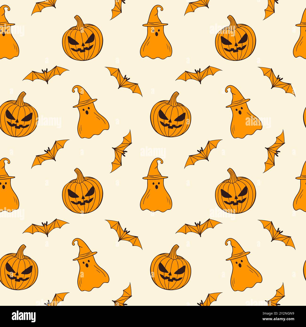 Effrayant motif orange d'Halloween avec citrouille effrayante, fantôme dans le chapeau de sorciers et la chauve-souris, dans le style doodle dessiné à la main. Pour l'arrière-plan, la toile de fond, l'emballage. Illustration vectorielle Illustration de Vecteur