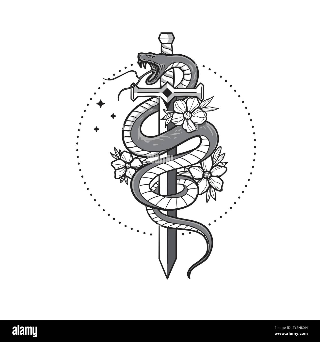 conception d'illustration vectorielle de serpent, d'épée et de fleur dessinée à la main Illustration de Vecteur