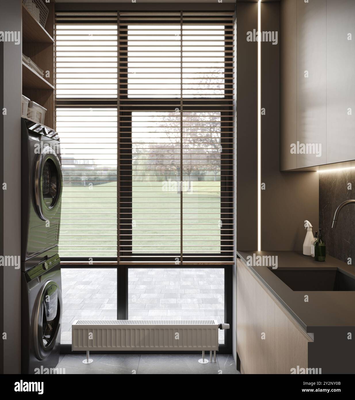 visualisation d'une buanderie dans une maison moderne avec grande fenêtre, lave-linge et sèche-linge, rendu 3d, illustration cg Banque D'Images