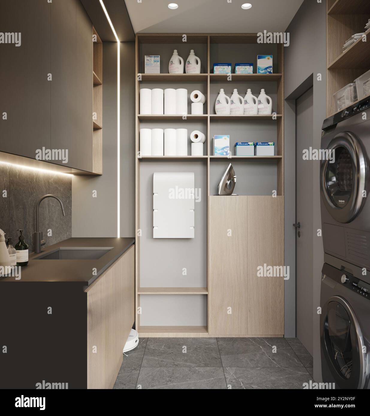 visualisation d'une buanderie dans une maison moderne avec grande fenêtre, lave-linge et sèche-linge, rendu 3d, illustration cg Banque D'Images