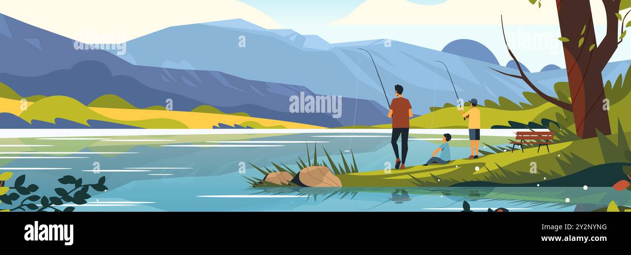 Pêche familiale au bord d'un lac serein avec des montagnes en arrière-plan et une végétation luxuriante entourant la scène Illustration de Vecteur