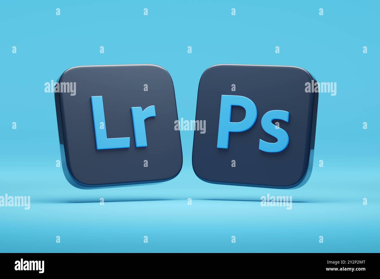 Buenos Aires, Argentine - 31 août 2024 : Adobe Lightroom et Photoshop logo en trois dimensions sur fond bleu. illustration 3d. Banque D'Images