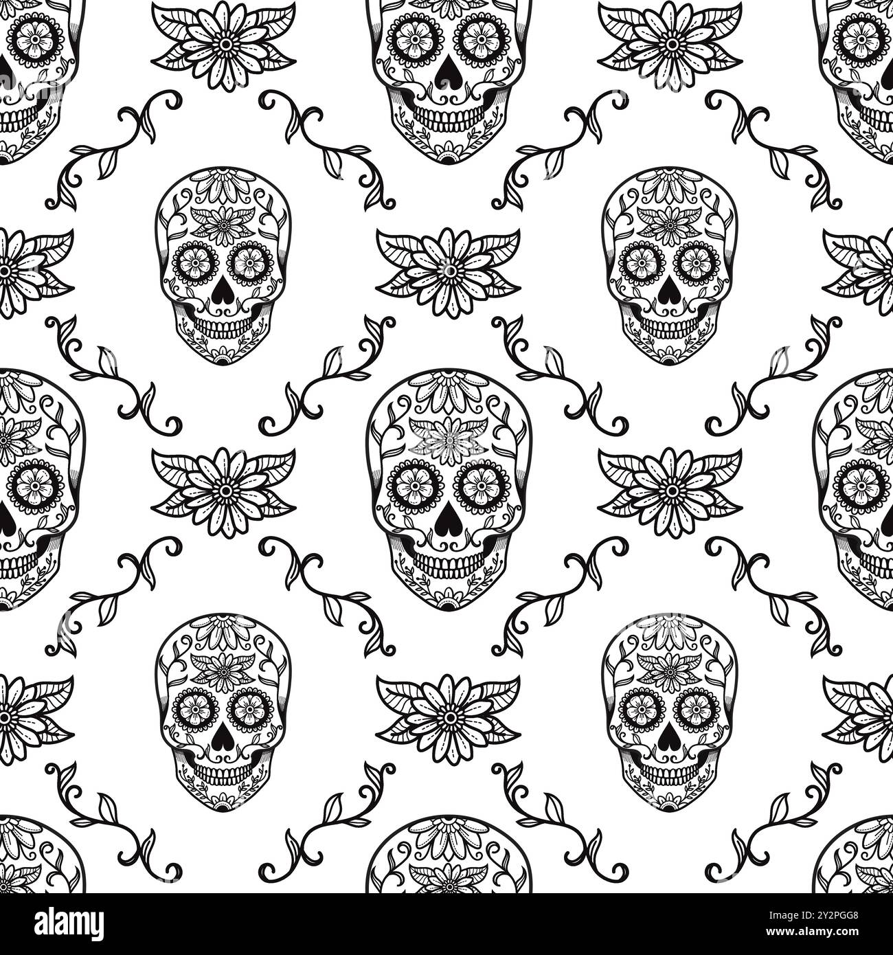 Modèle sans couture de vecteur de crâne de sucre mexicain, fond de crânes de bonbons d'Halloween, célébration du jour de la mort, Illustration de Vecteur