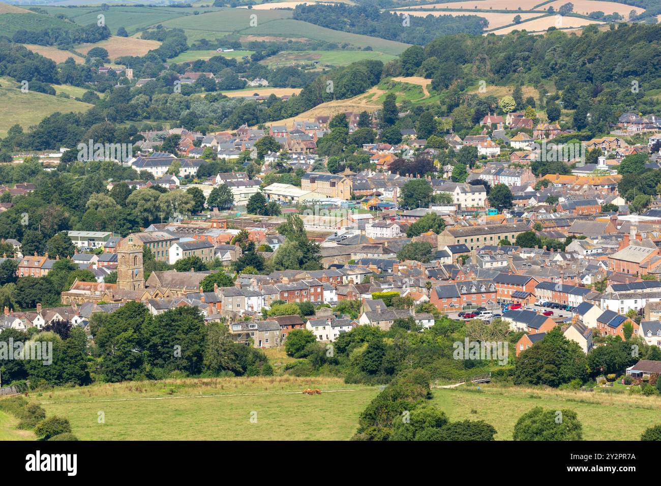 Une vue de Bridport depuis Bottom Wood, Bridport, Dorset, Angleterre Banque D'Images