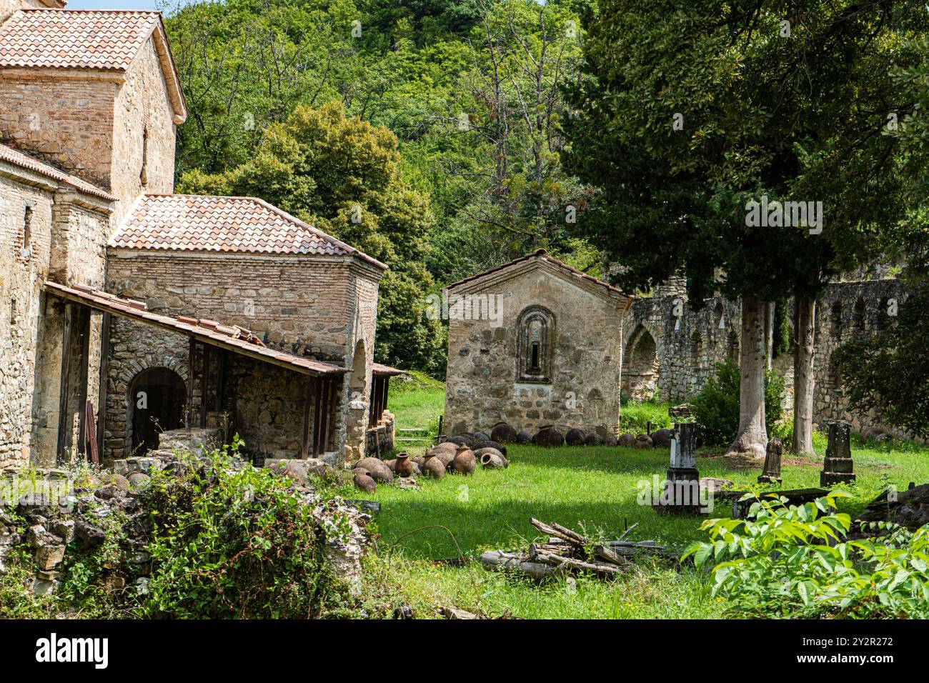 Cette image capture les ruines sereines de l'Académie historique d'Ikalto, niché au milieu d'une verdure vibrante en Géorgie, les structures en pierre vieilles et dispersées Banque D'Images