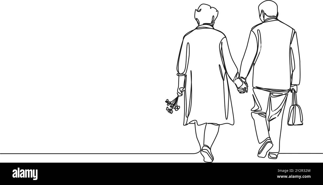 dessin simple continu de couple senior marchant main dans la main, illustration vectorielle d'art au trait Illustration de Vecteur
