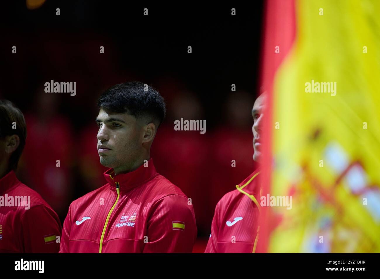 Carlos Alcaraz, de l'équipe espagnole, lors de la finale de la Coupe Davis, premier match en simple du Groupe B, le 11 septembre 2024 à Pabellon Fuente de San Luis (Valence). Banque D'Images